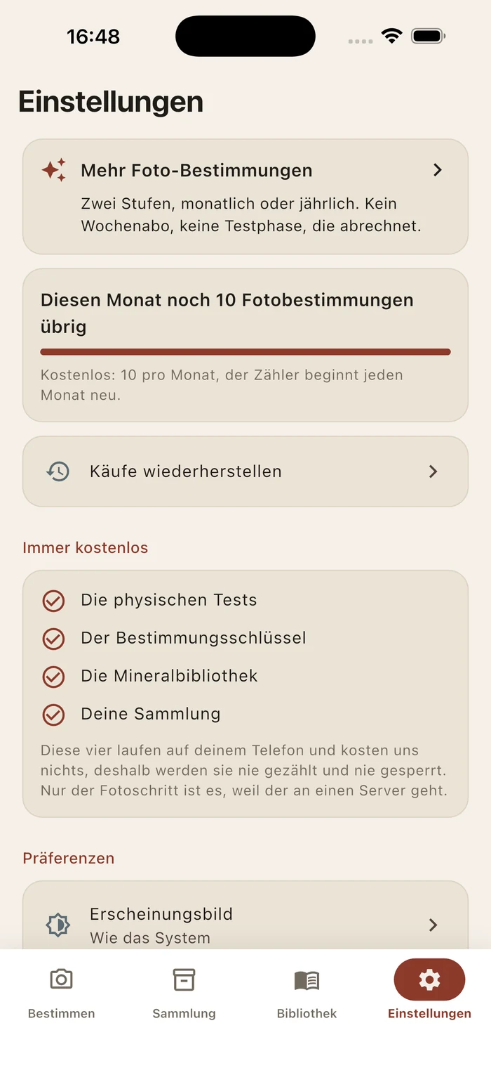 Die Einstellungen: noch 10 kostenlose Fotobestimmungen in diesem Monat und die vier Funktionen, die immer kostenlos sind