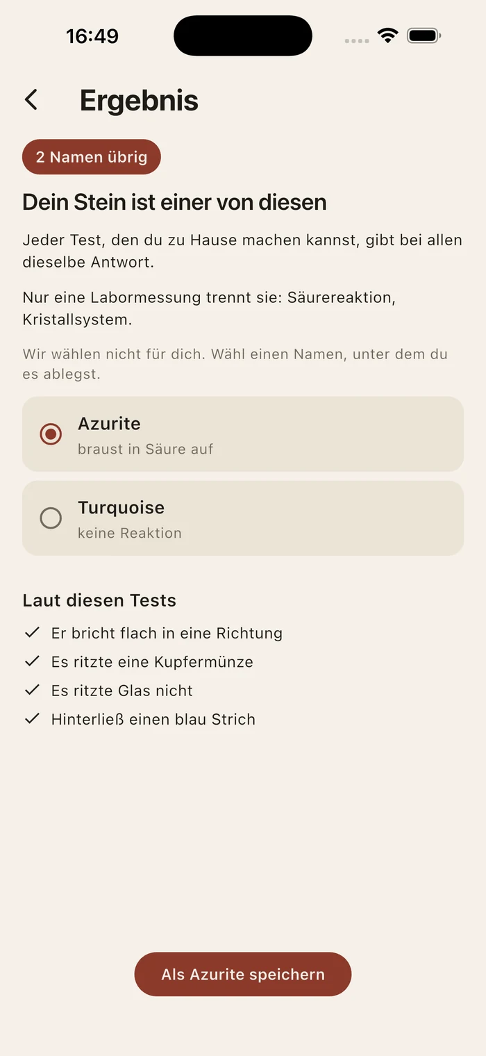 Ein Ergebnis mit zwei verbliebenen Namen, Azurit und Türkis, und den vier Tests, die dorthin geführt haben