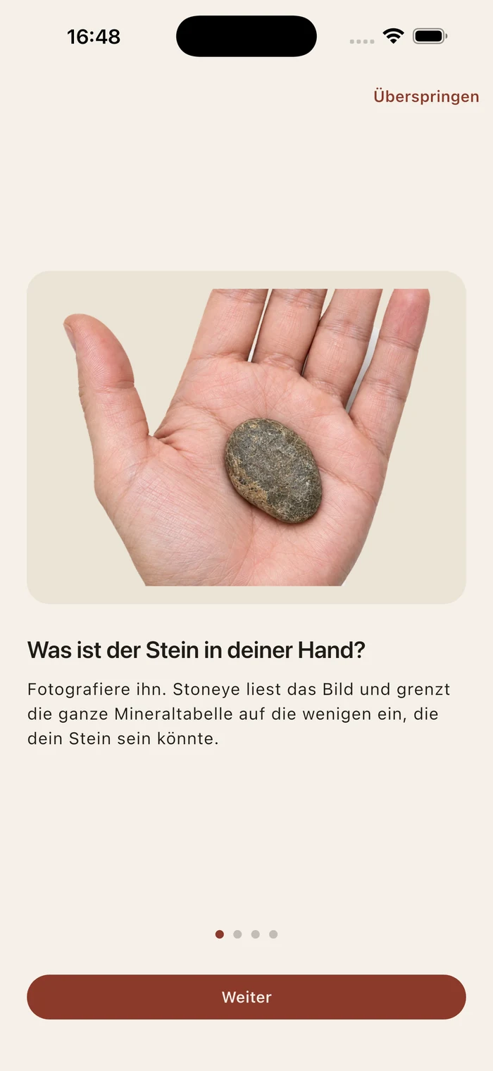 Der erste Bildschirm von Stoneye: ein gewöhnlicher Stein auf offener Handfläche und die Frage „Was ist der Stein in deiner Hand?“