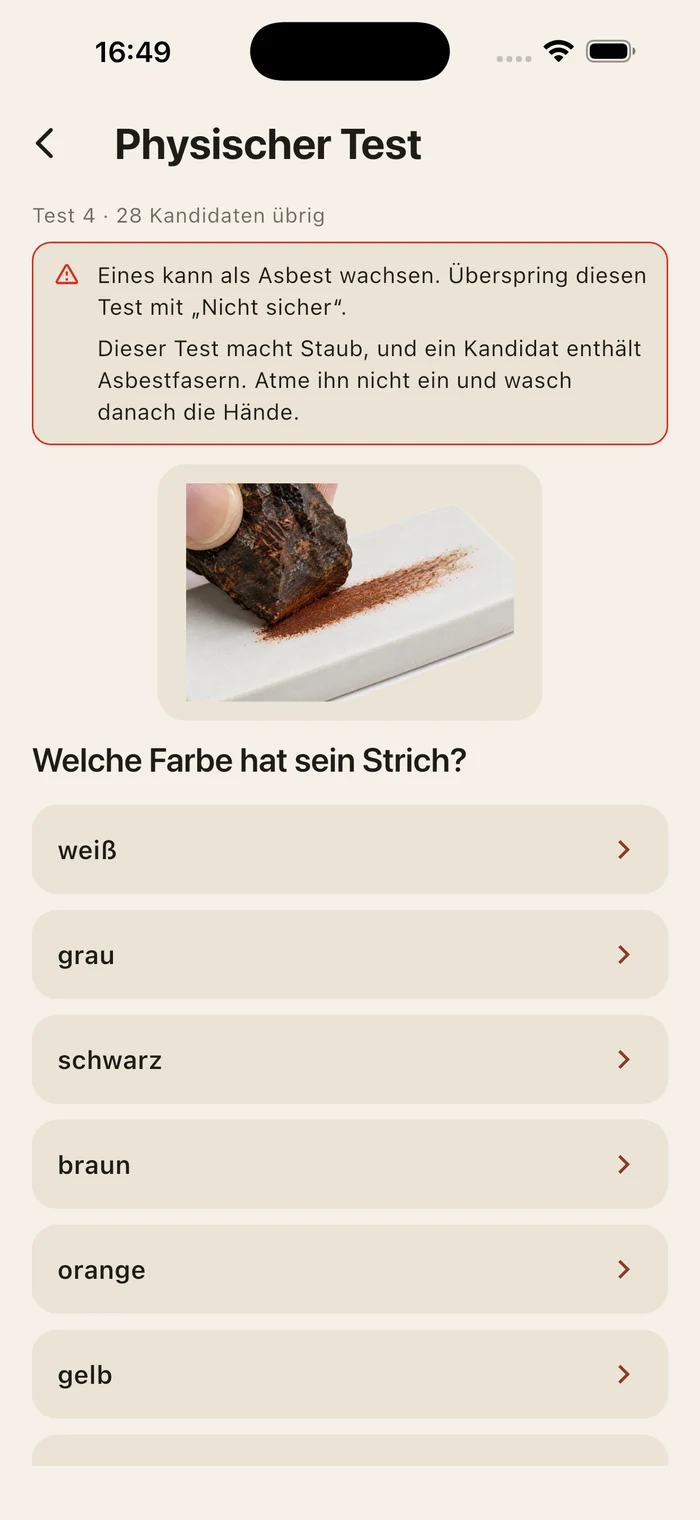 Eine Frage zum Strichtest, darüber die Warnung, dass ein verbliebener Kandidat als Asbest wachsen kann und der Test Staub erzeugt