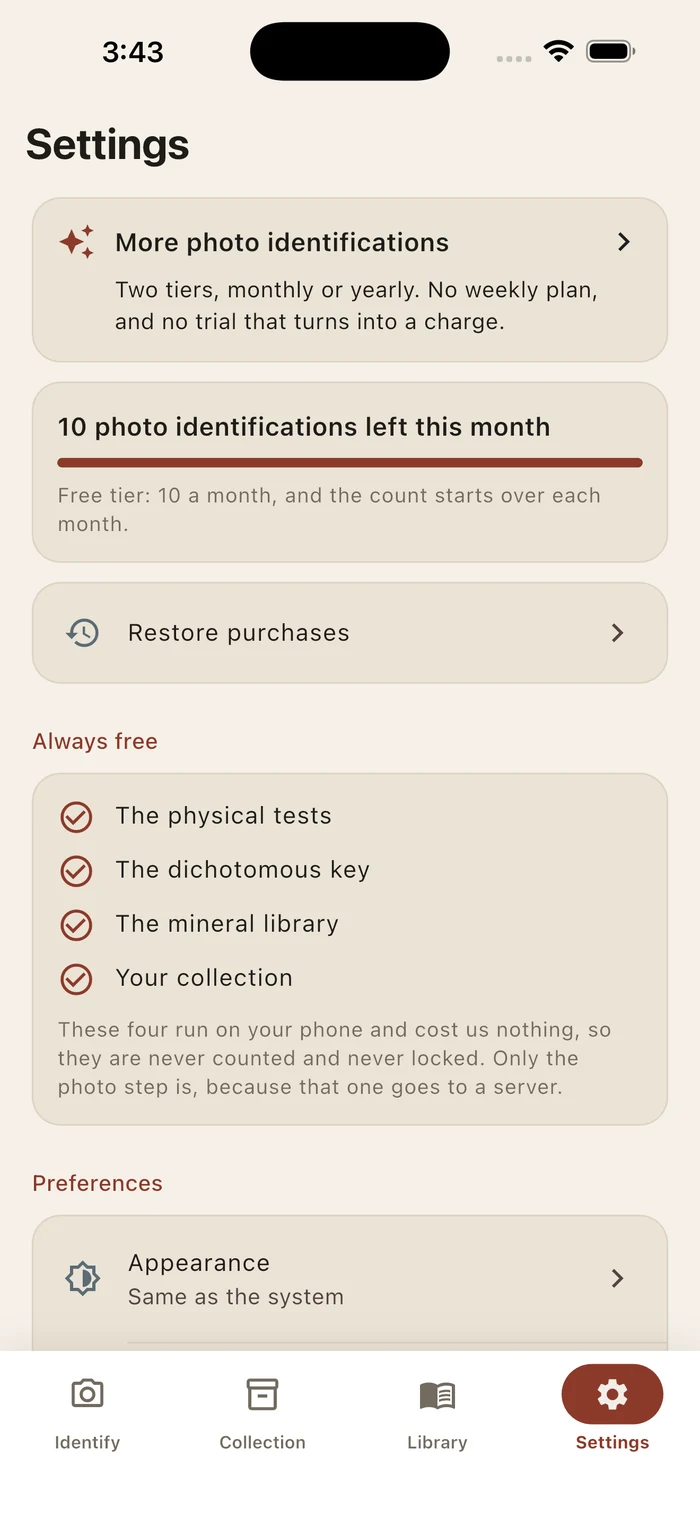 Settings showing 10 free photo identifications left this month and the four features that are always free