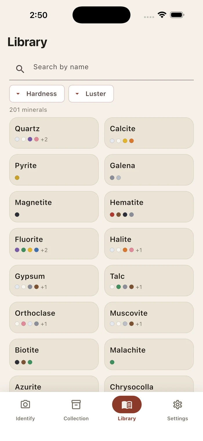 The mineral library, listing all 201 minerals with their colours