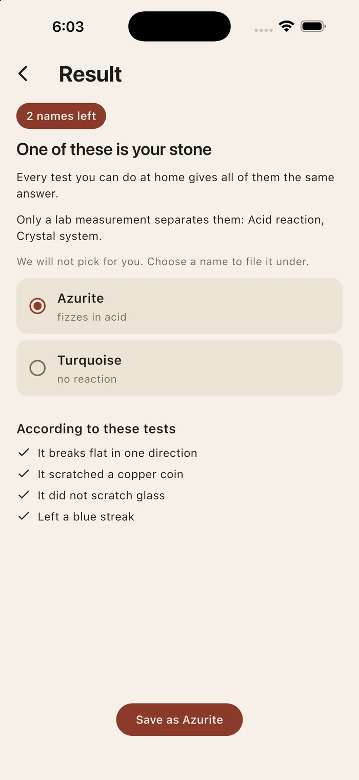 A result with two names left, azurite and turquoise, and the four tests that led there