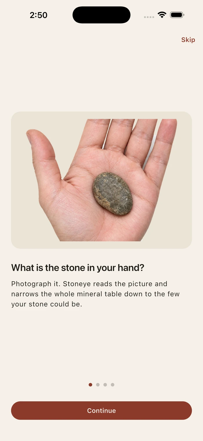 Stoneye's first screen: a plain stone on an open palm, asking “What is the stone in your hand?”