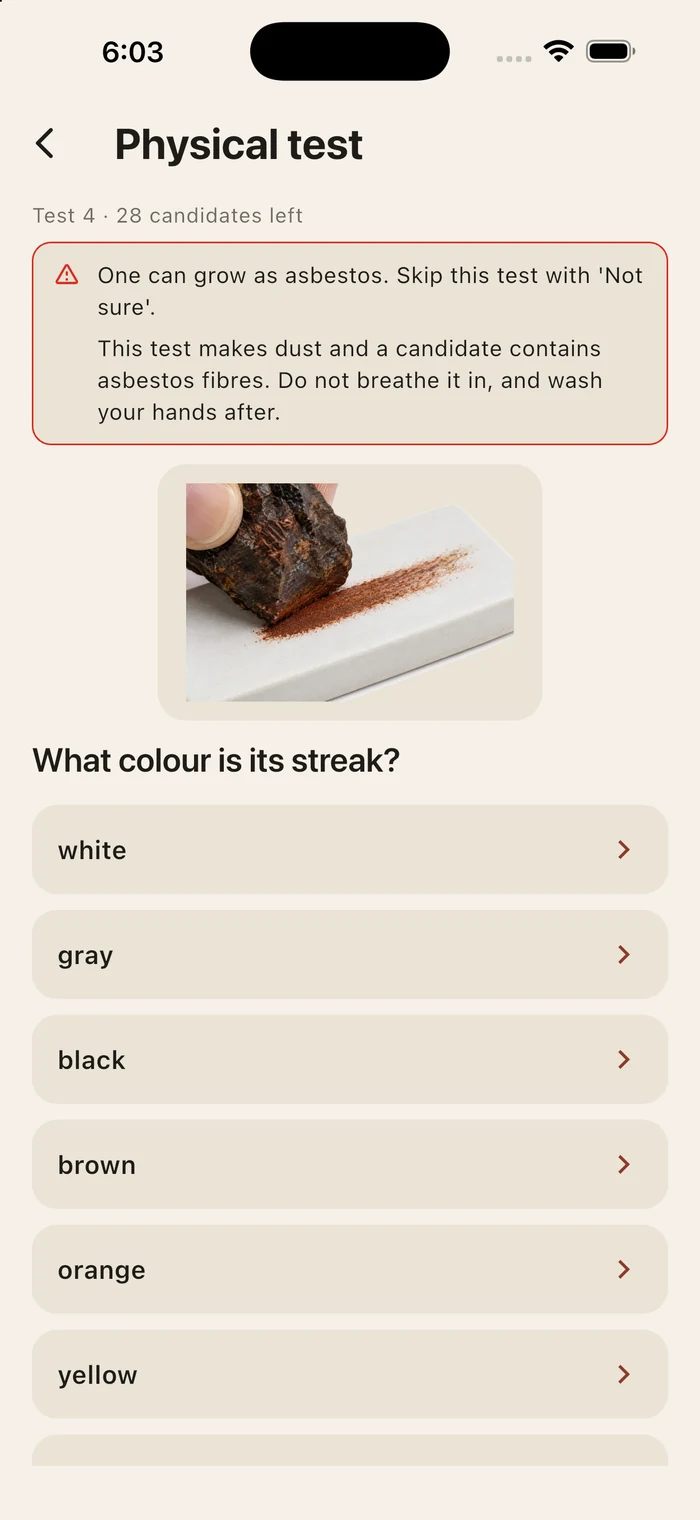 A streak test question, with a warning above it that a remaining candidate contains arsenic and antimony