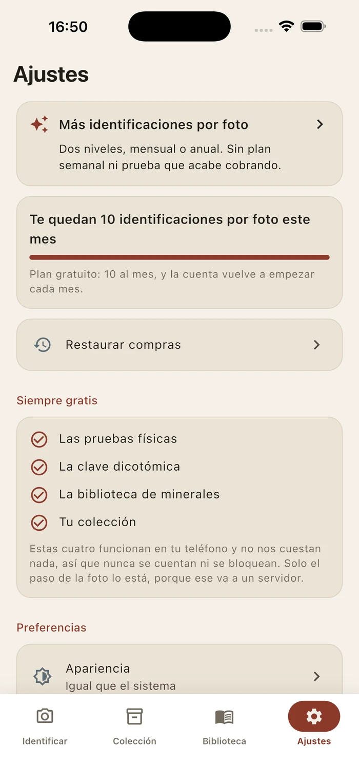 Ajustes: quedan 10 identificaciones por foto gratis este mes, y las cuatro funciones que son siempre gratis