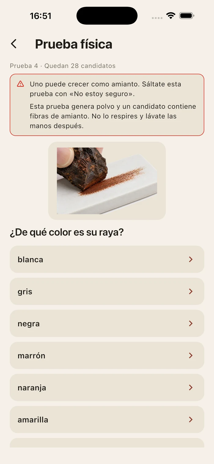 Una pregunta de la prueba de la raya, con un aviso encima: uno de los candidatos que quedan puede crecer como amianto y la prueba genera polvo