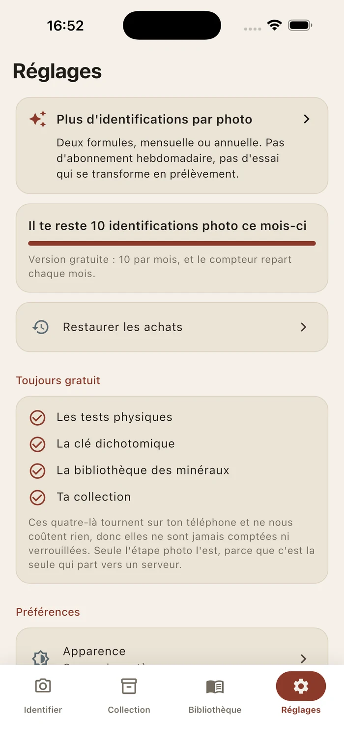 Les réglages : 10 identifications photo gratuites restantes ce mois-ci, et les quatre fonctions toujours gratuites