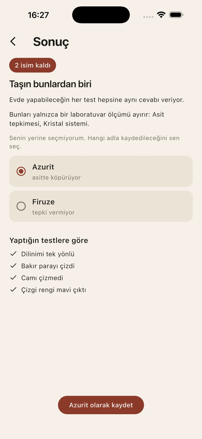 İki ismin kaldığı sonuç, azurit ve turkuaz, ve oraya getiren dört test